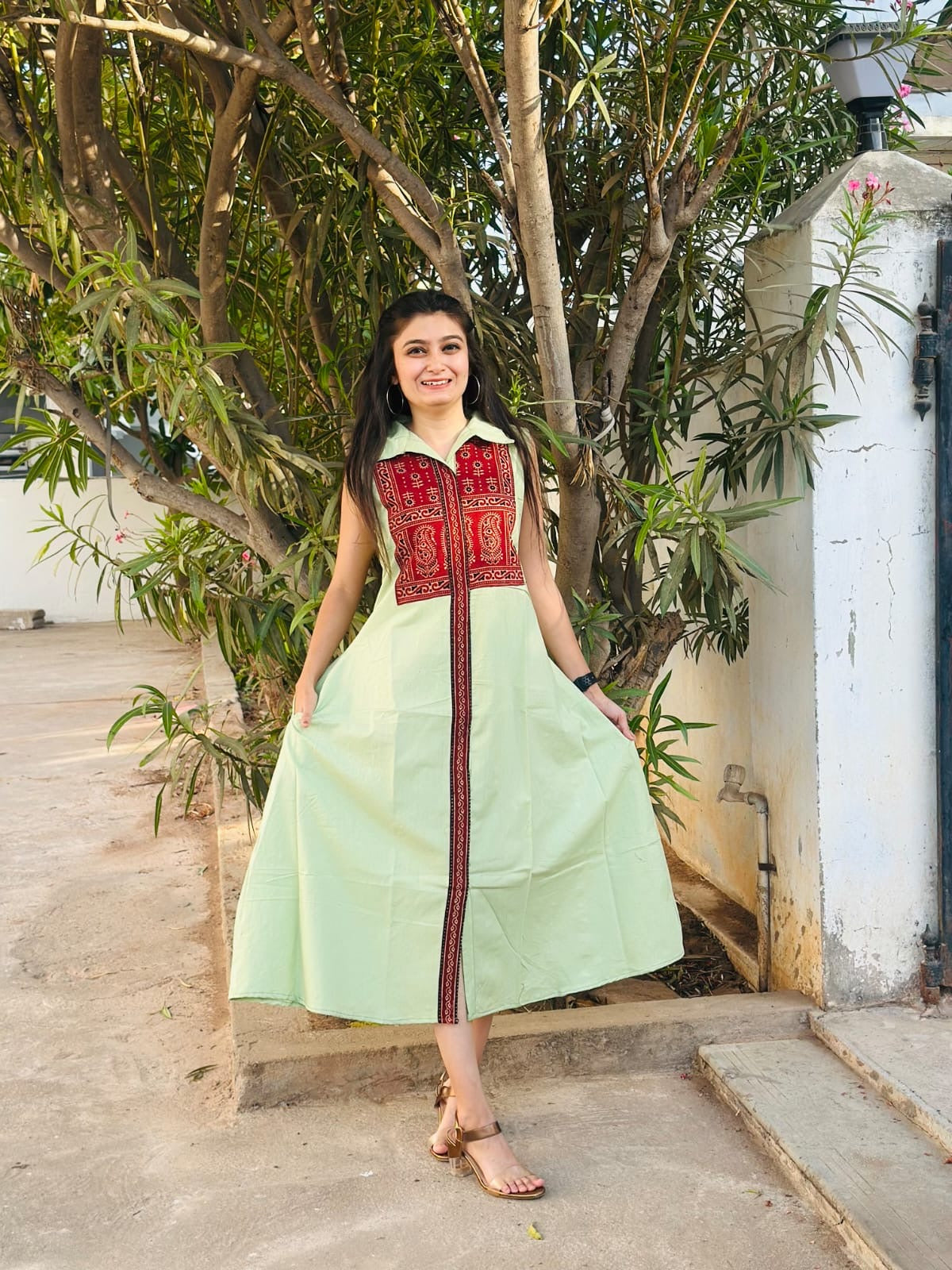 Cotton One-Piece Dress with Ajrakh Yoke | Collar Pattern & Front Slit