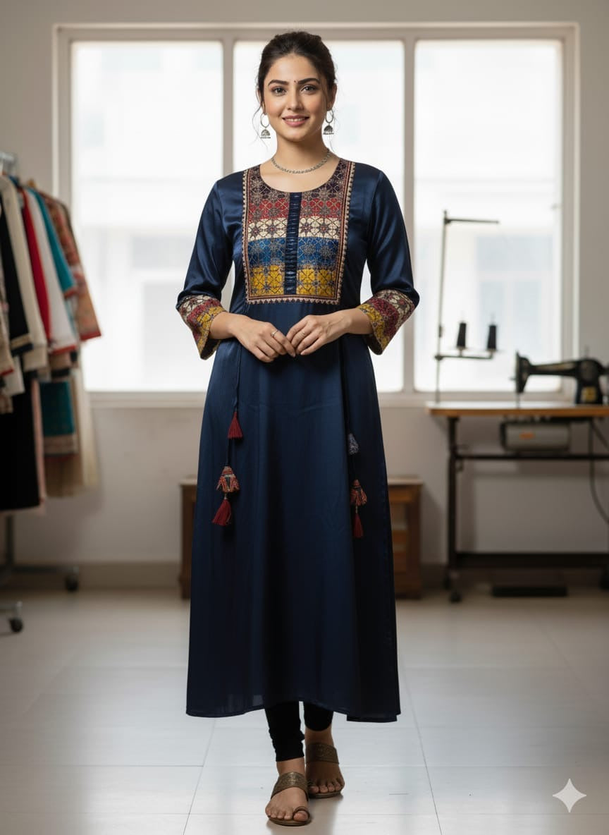 Pure Mushroo Silk Frock with Patch Work Yoke & Hand Mirror Design