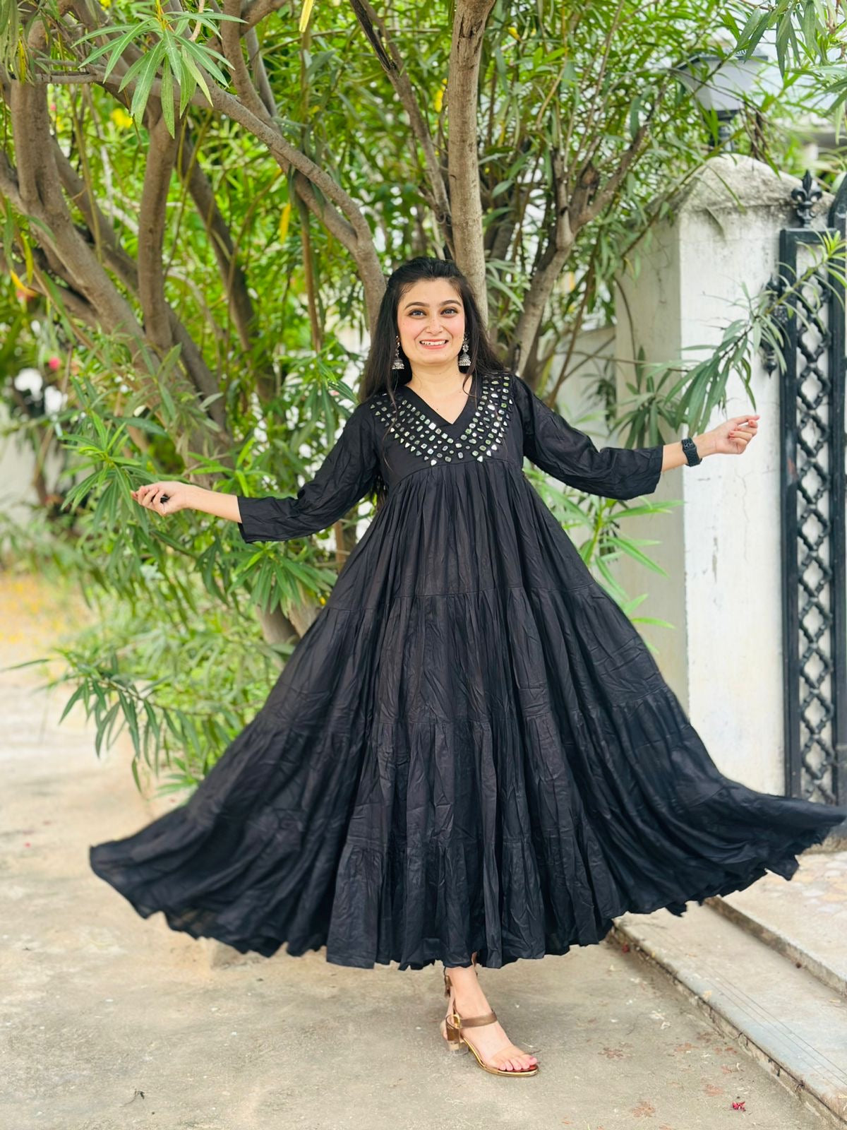 Rayon Layered One-Piece Dress with Hand Mirror Work | 20 Mtr Flair