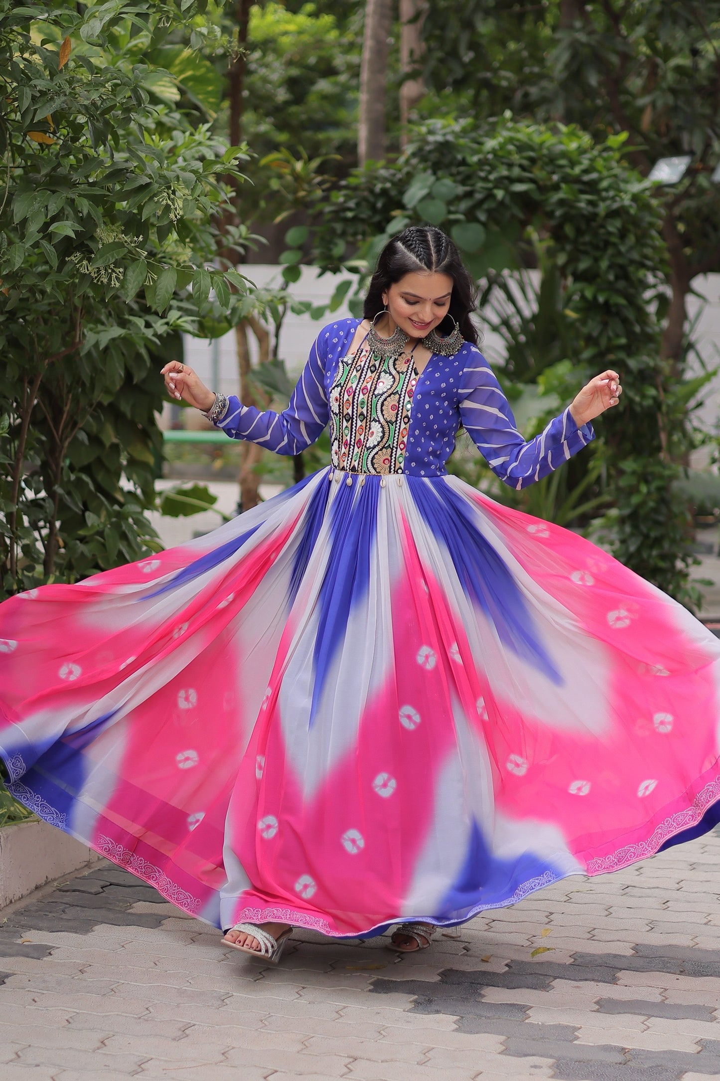 Navratri 2025 Bandhej Print Gown with Gamthi Embroidery & Mirror Work ā 3 Colors