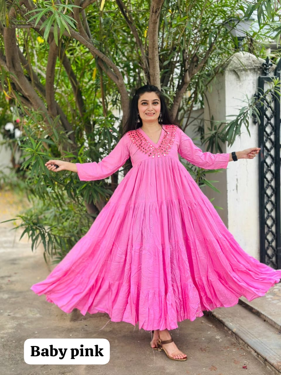 Rayon Layered One-Piece Dress with Hand Mirror Work | 20 Mtr Flair