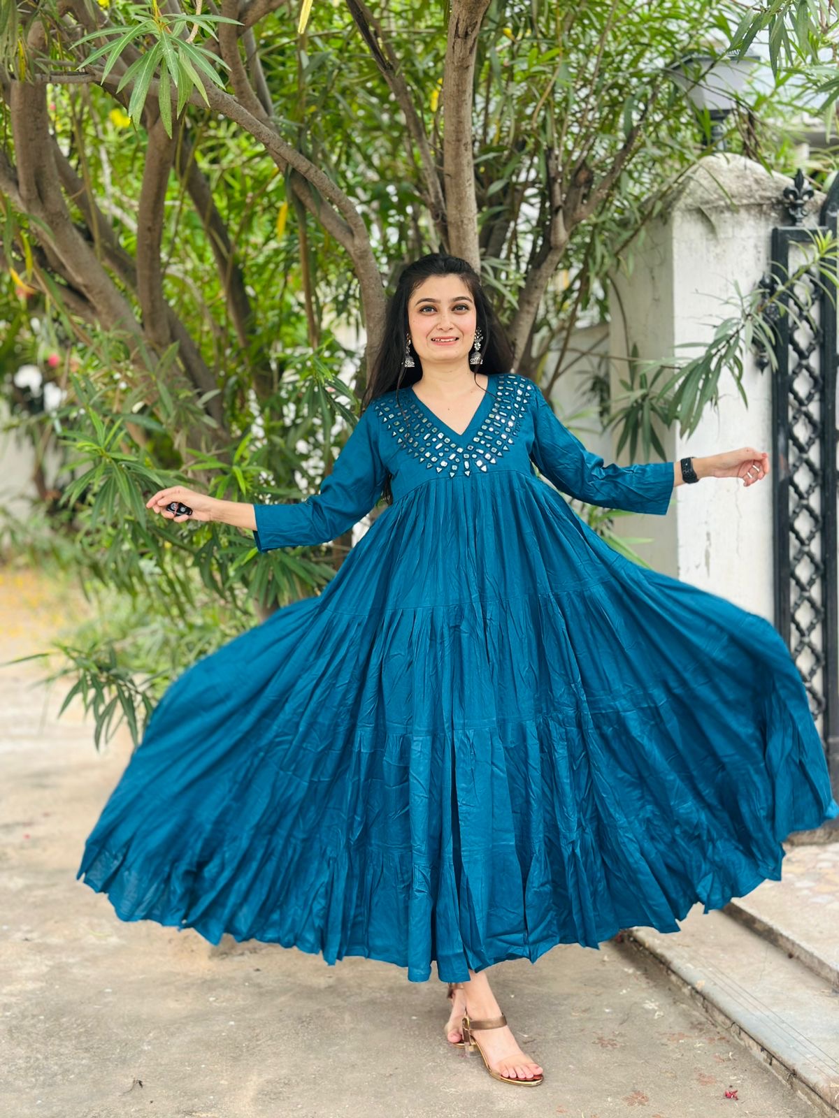 Rayon Layered One-Piece Dress with Hand Mirror Work | 20 Mtr Flair