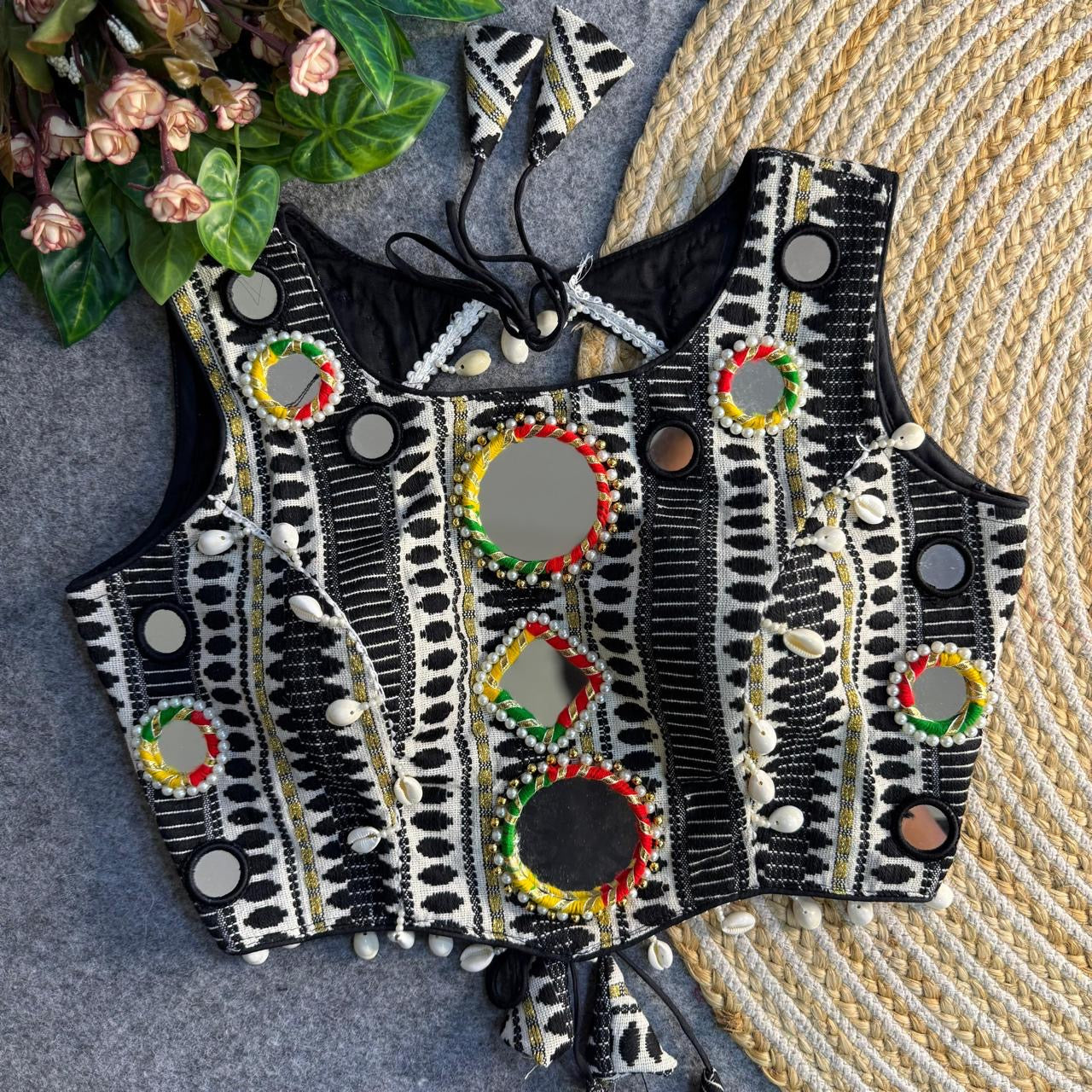 Navratri Special Real Mirror & Shells Work Backless Blouse