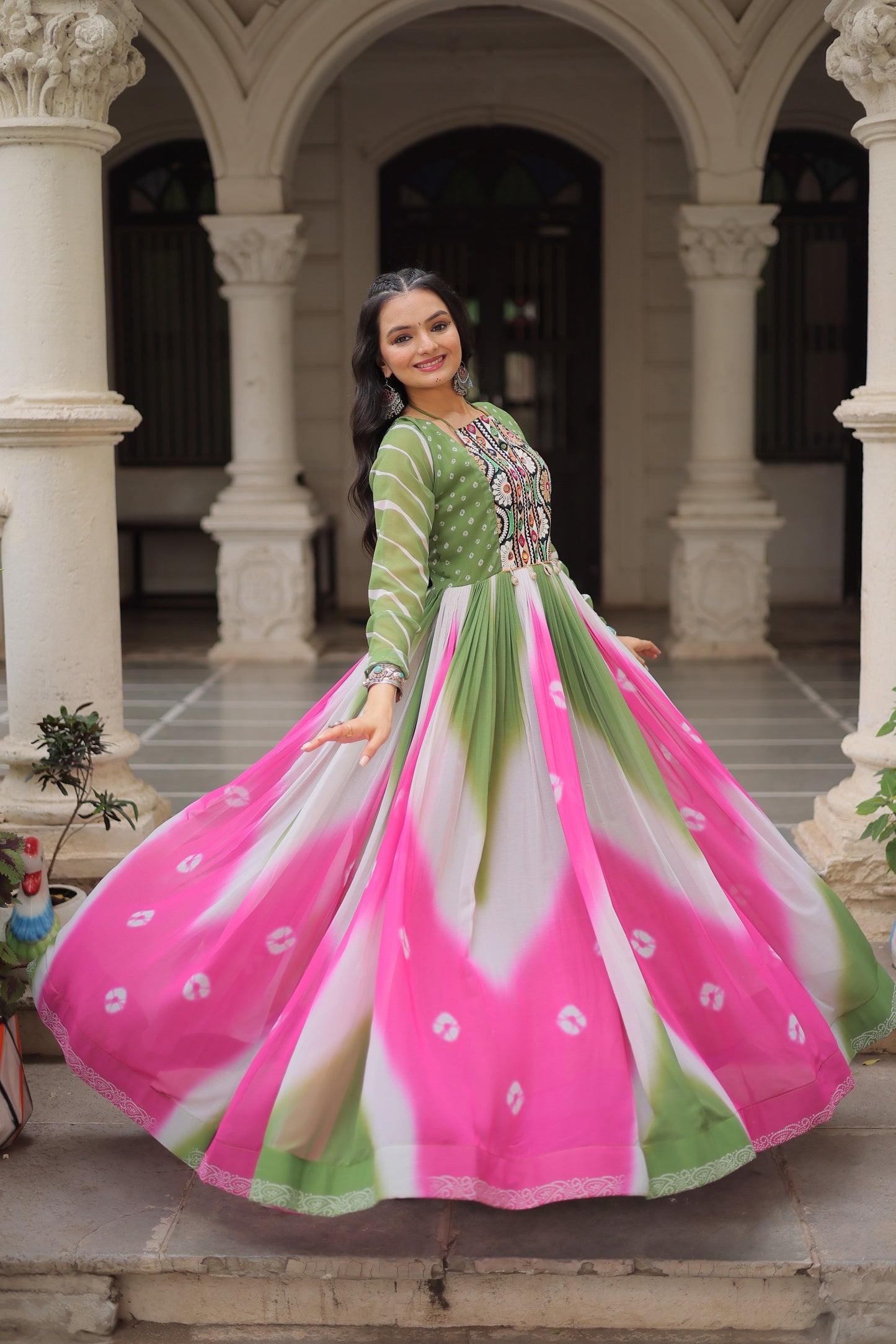 Navratri 2025 Bandhej Print Gown with Gamthi Embroidery & Mirror Work ā 3 Colors