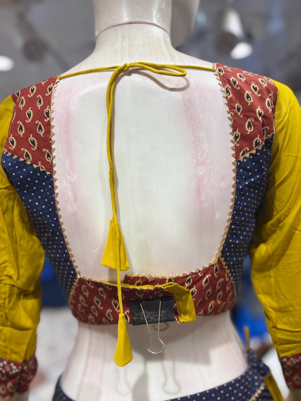 Double Blouse Multi Kalamkari Chaniya Choli – 8m Flair | Spaghetti & Full-Sleeve Blouse | Multi Work Border