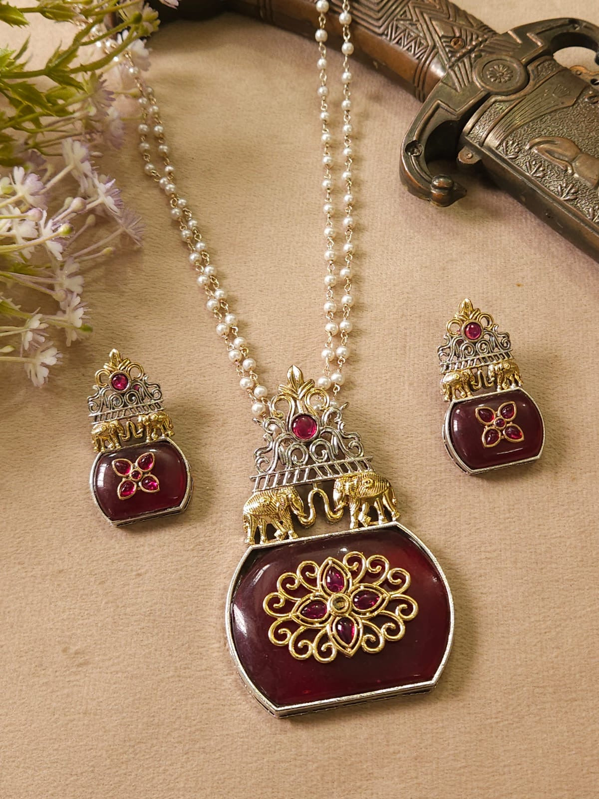 Premium Dual Tone Pearl Mala with Elephant Pendant Set