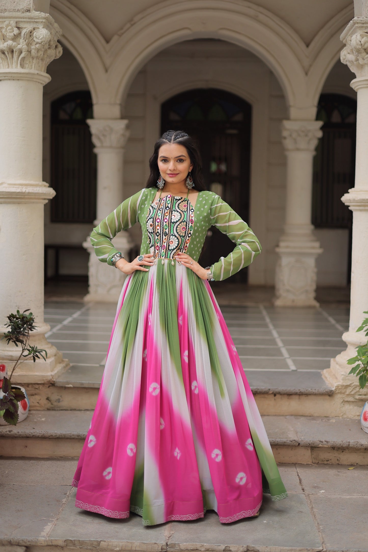 Navratri 2025 Bandhej Print Gown with Gamthi Embroidery & Mirror Work ā 3 Colors