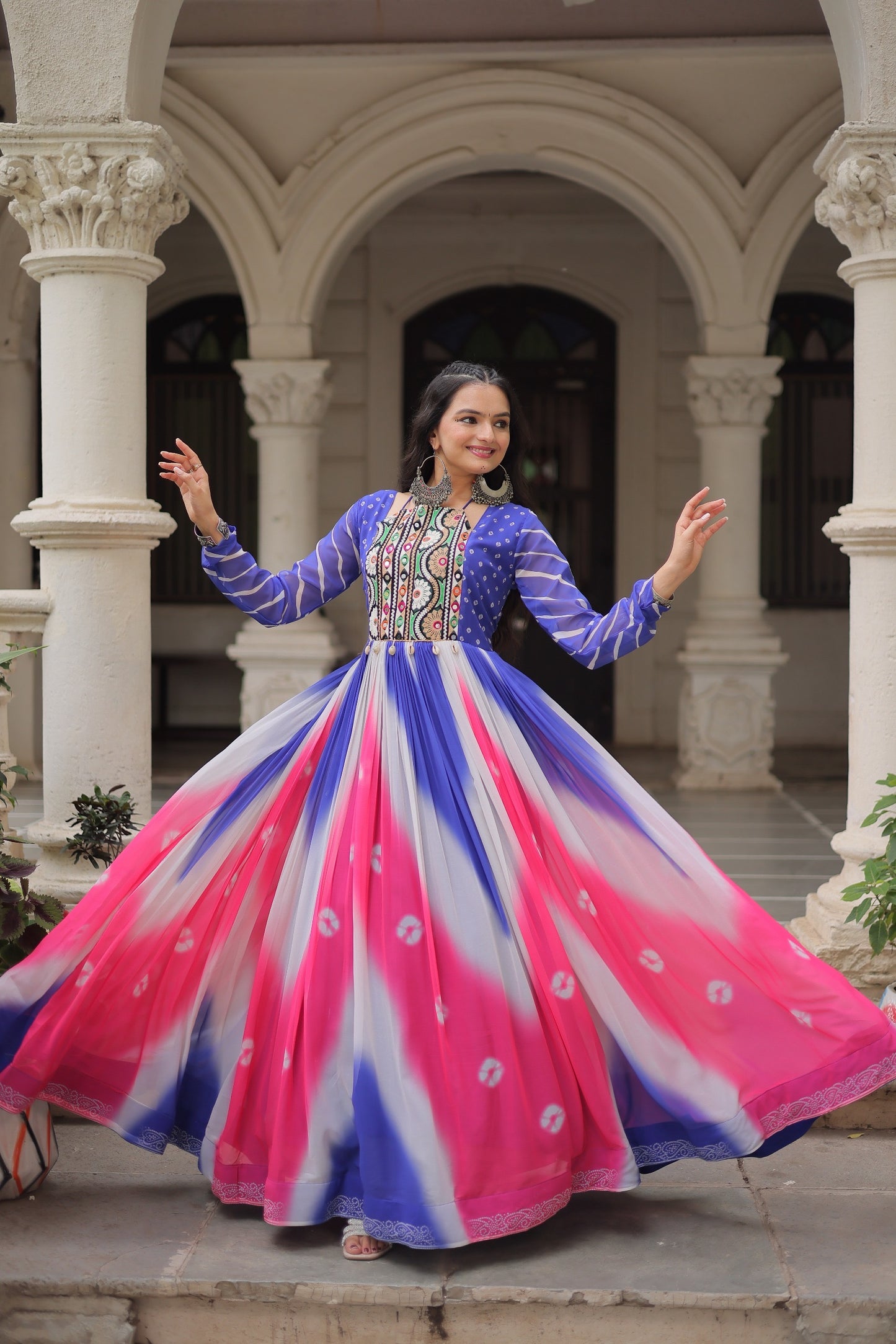 Navratri 2025 Bandhej Print Gown with Gamthi Embroidery & Mirror Work ā 3 Colors