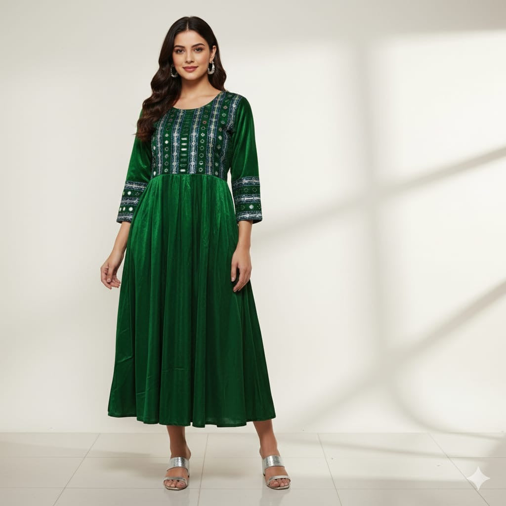 Pure Mushroo Silk Nyra Cut Kurti with Hand Mirror Work