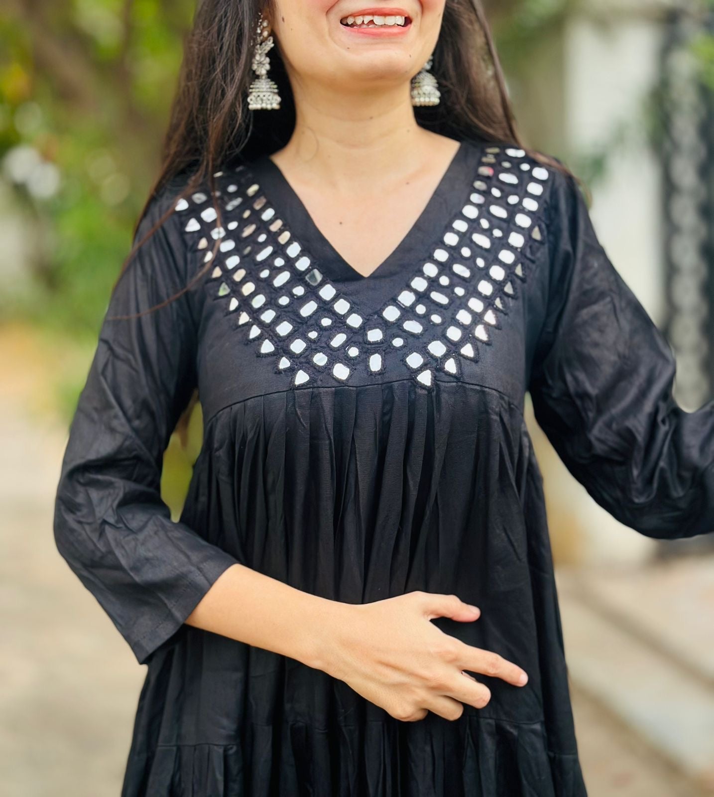 Rayon Layered One-Piece Dress with Hand Mirror Work | 20 Mtr Flair