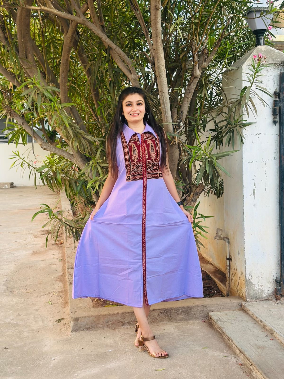 Cotton One-Piece Dress with Ajrakh Yoke | Collar Pattern & Front Slit