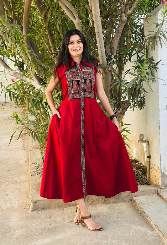Cotton One-Piece Dress with Ajrakh Yoke | Collar Pattern & Front Slit
