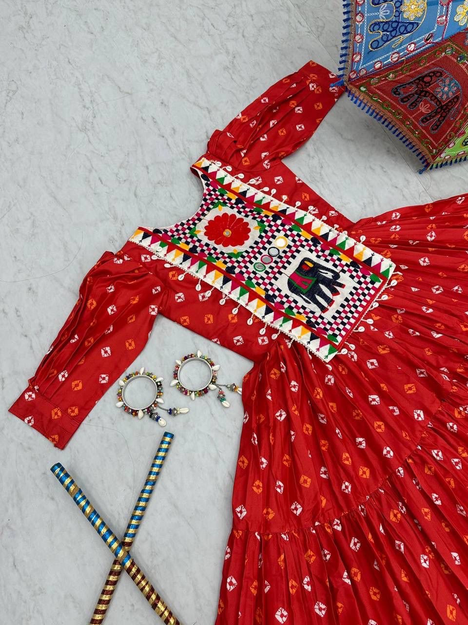 ✨ Elegant Chent Crepe Gown with Heavy Gamthi & Real Mirror Work | 6.5 Meter Flair | Fully Stitched