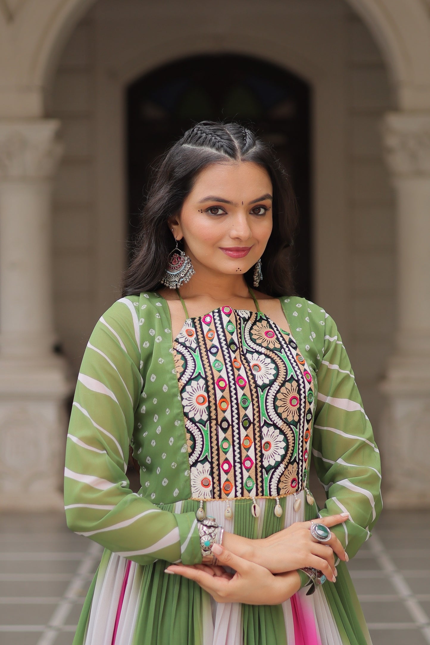 Navratri 2025 Bandhej Print Gown with Gamthi Embroidery & Mirror Work ā 3 Colors