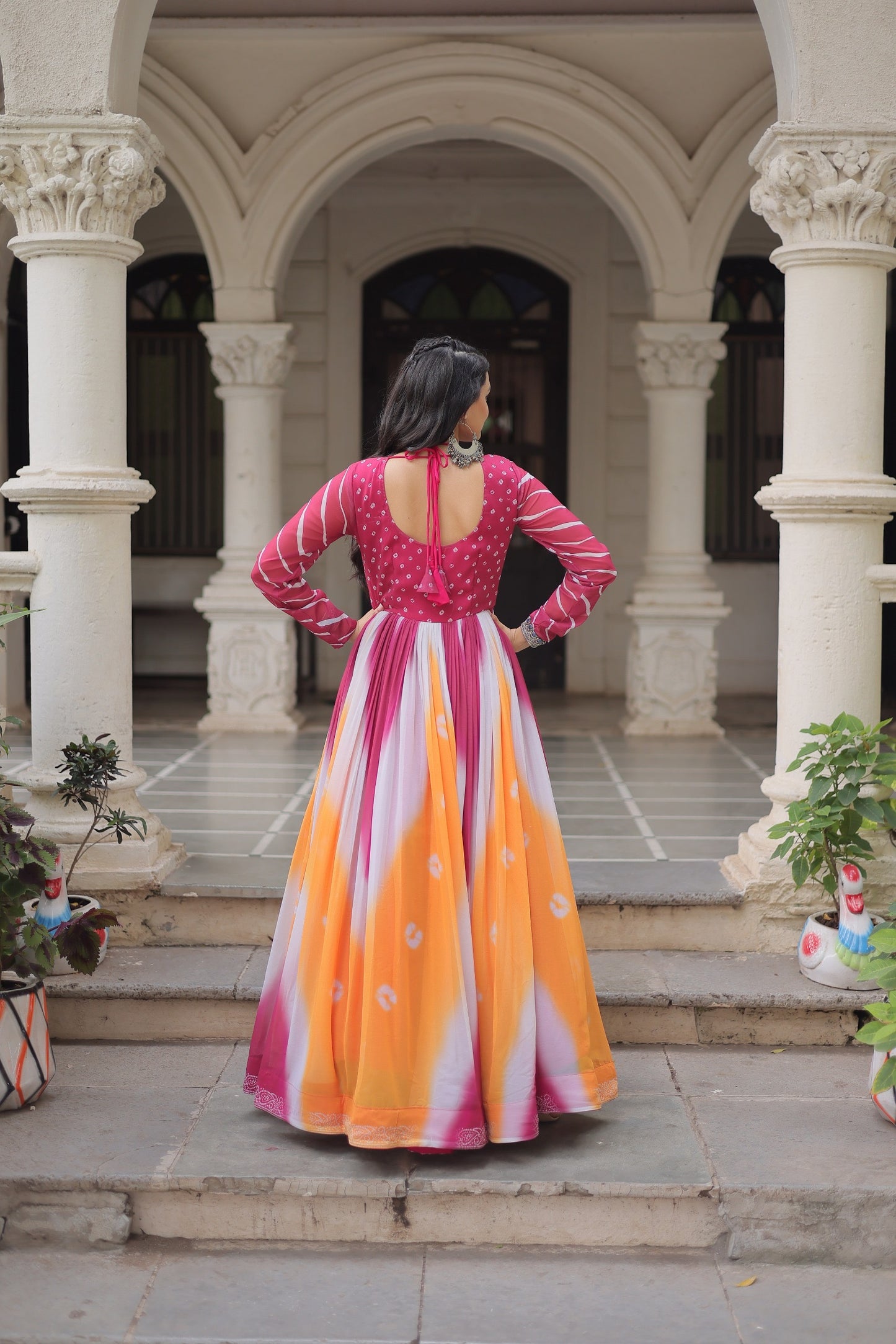 Navratri 2025 Bandhej Print Gown with Gamthi Embroidery & Mirror Work ā 3 Colors