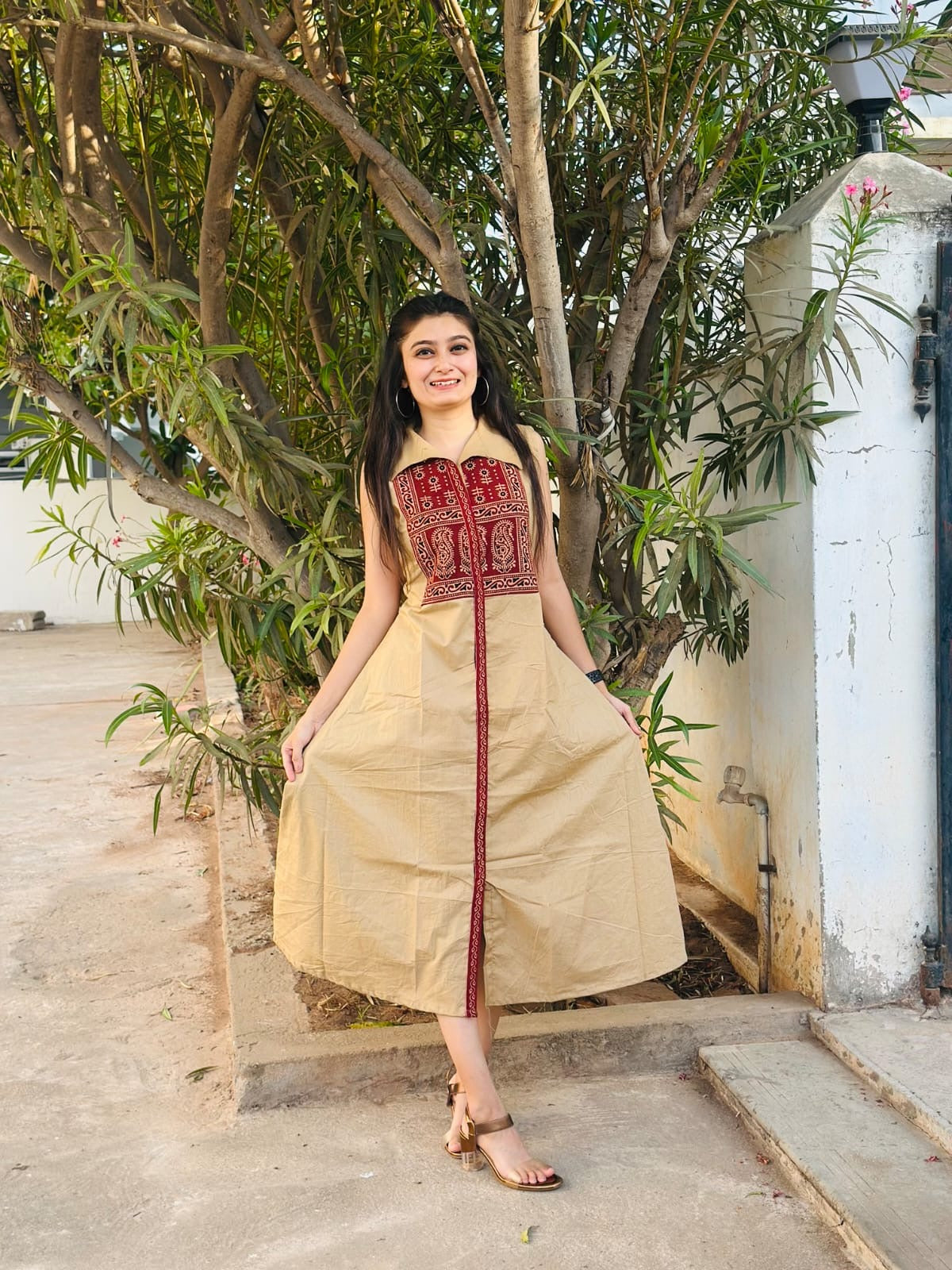 Cotton One-Piece Dress with Ajrakh Yoke | Collar Pattern & Front Slit