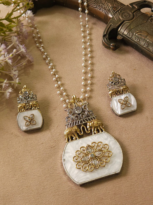 Premium Dual Tone Pearl Mala with Elephant Pendant Set