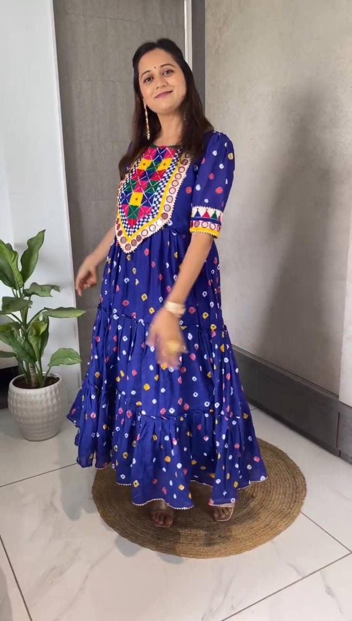 ✨ Elegant Chent Crepe Gown with Heavy Gamthi & Real Mirror Work | 6.5 Meter Flair | Fully Stitched