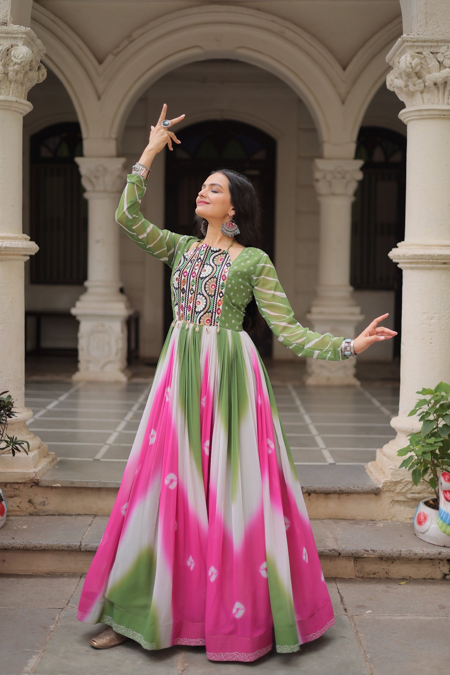 Navratri 2025 Bandhej Print Gown with Gamthi Embroidery & Mirror Work ā 3 Colors