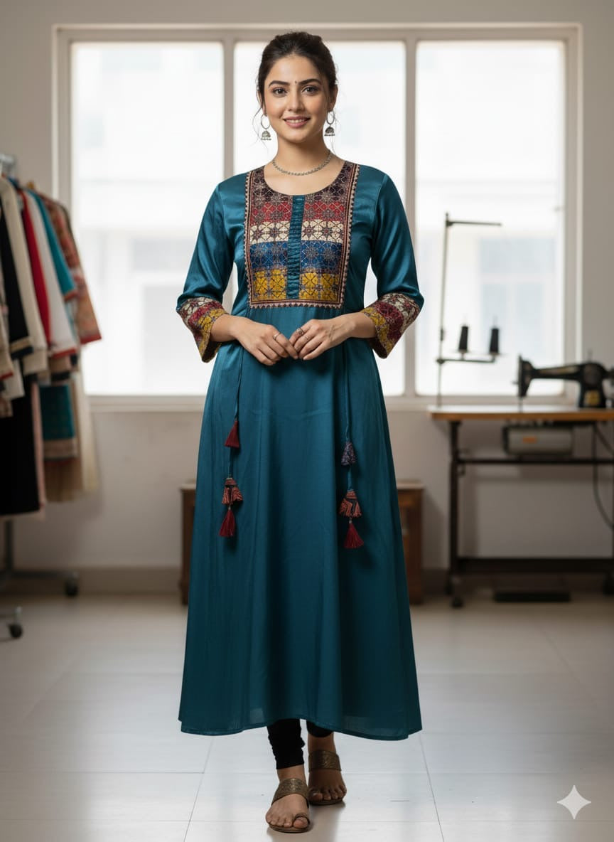 Pure Mushroo Silk Frock with Patch Work Yoke & Hand Mirror Design