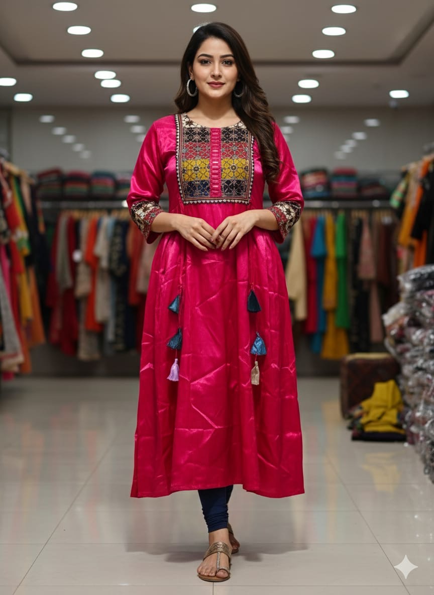 Pure Mushroo Silk Frock with Patch Work Yoke & Hand Mirror Design