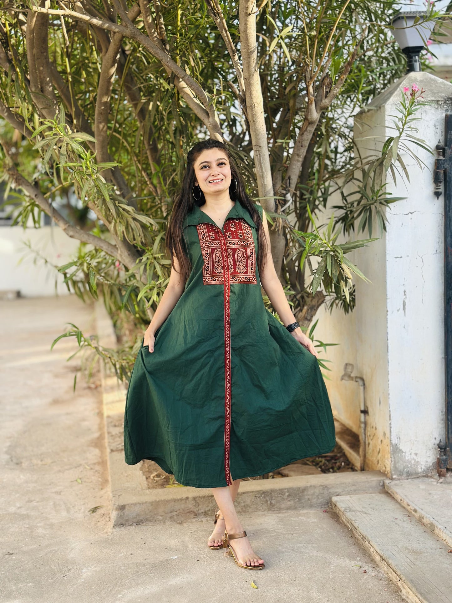 Cotton One-Piece Dress with Ajrakh Yoke | Collar Pattern & Front Slit