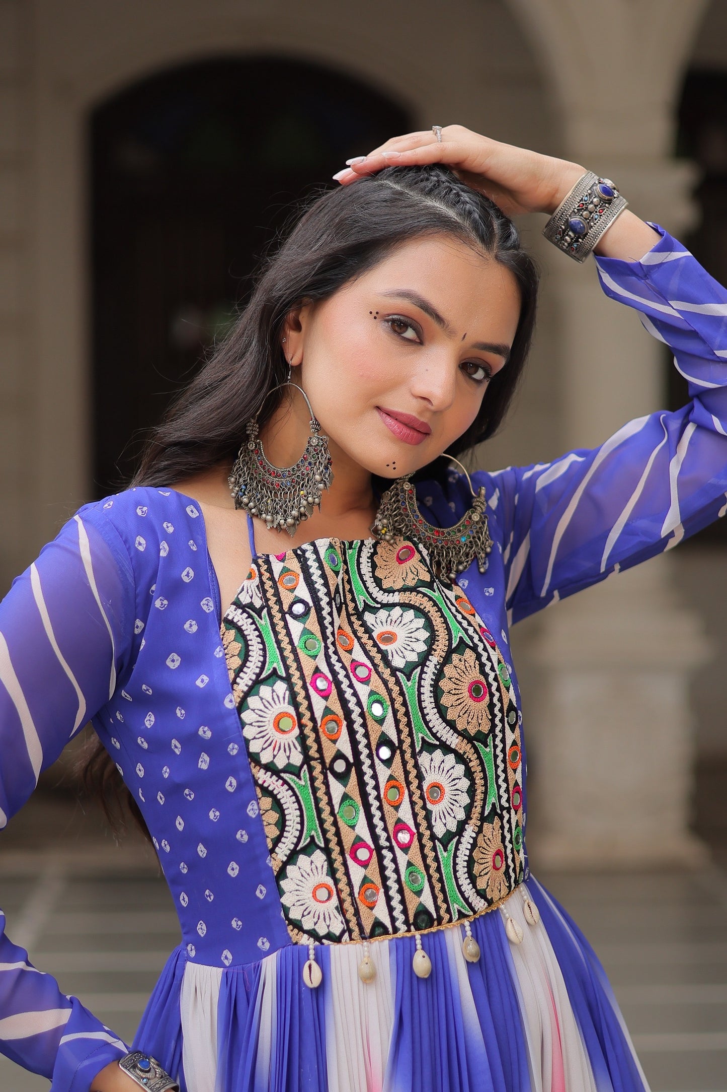 Navratri 2025 Bandhej Print Gown with Gamthi Embroidery & Mirror Work ā 3 Colors