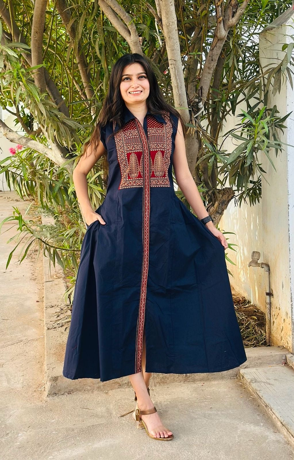Cotton One-Piece Dress with Ajrakh Yoke | Collar Pattern & Front Slit