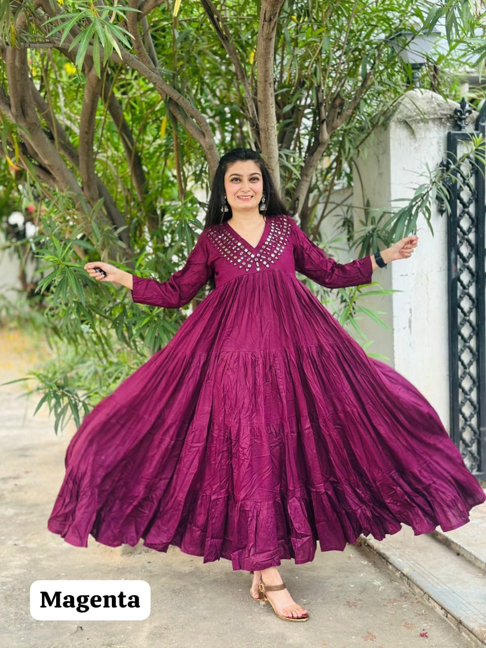 Rayon Layered One-Piece Dress with Hand Mirror Work | 20 Mtr Flair