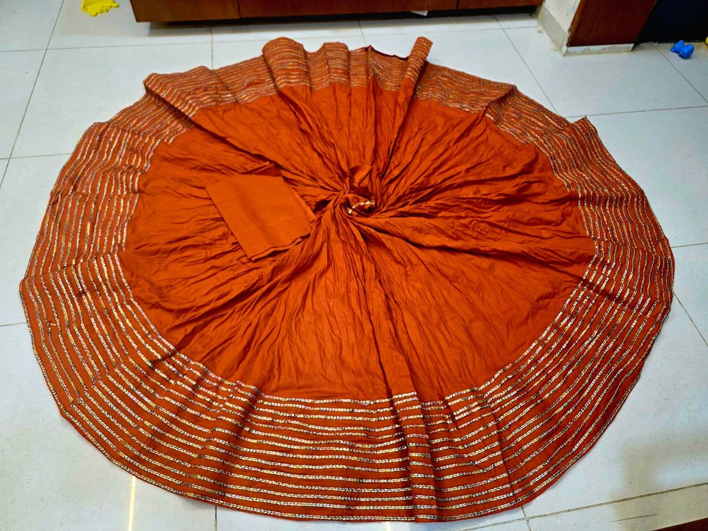 Jaipuri Full Gher Cotton Chaniya with 14 Multicolor Lace Borders & Blouse Piece