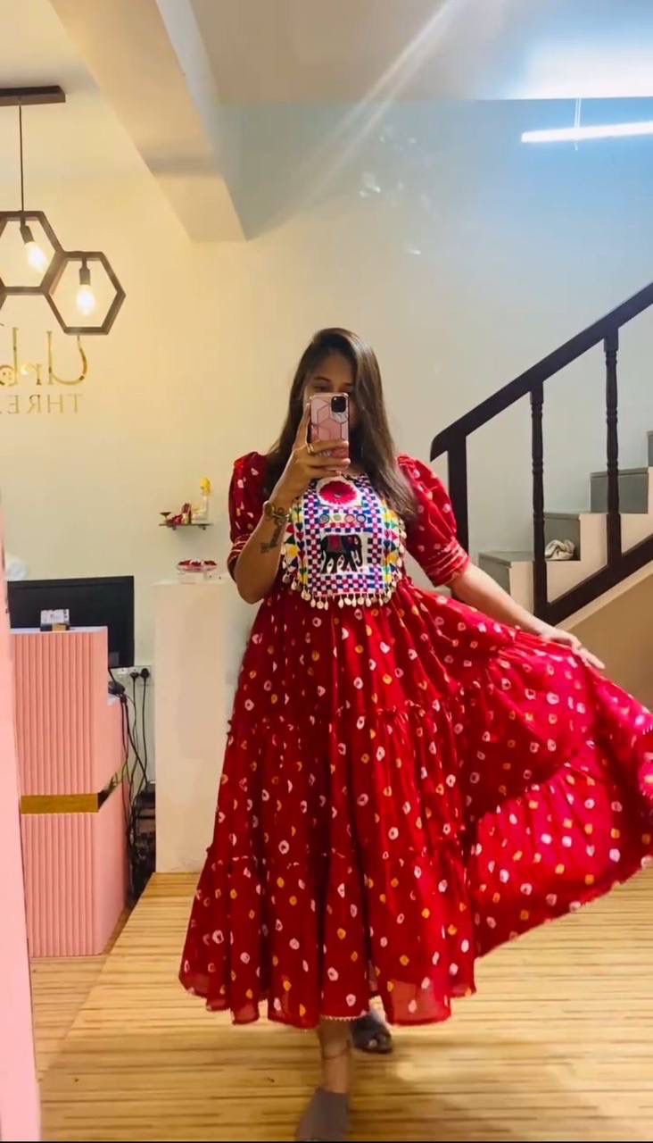 ✨ Elegant Chent Crepe Gown with Heavy Gamthi & Real Mirror Work | 6.5 Meter Flair | Fully Stitched