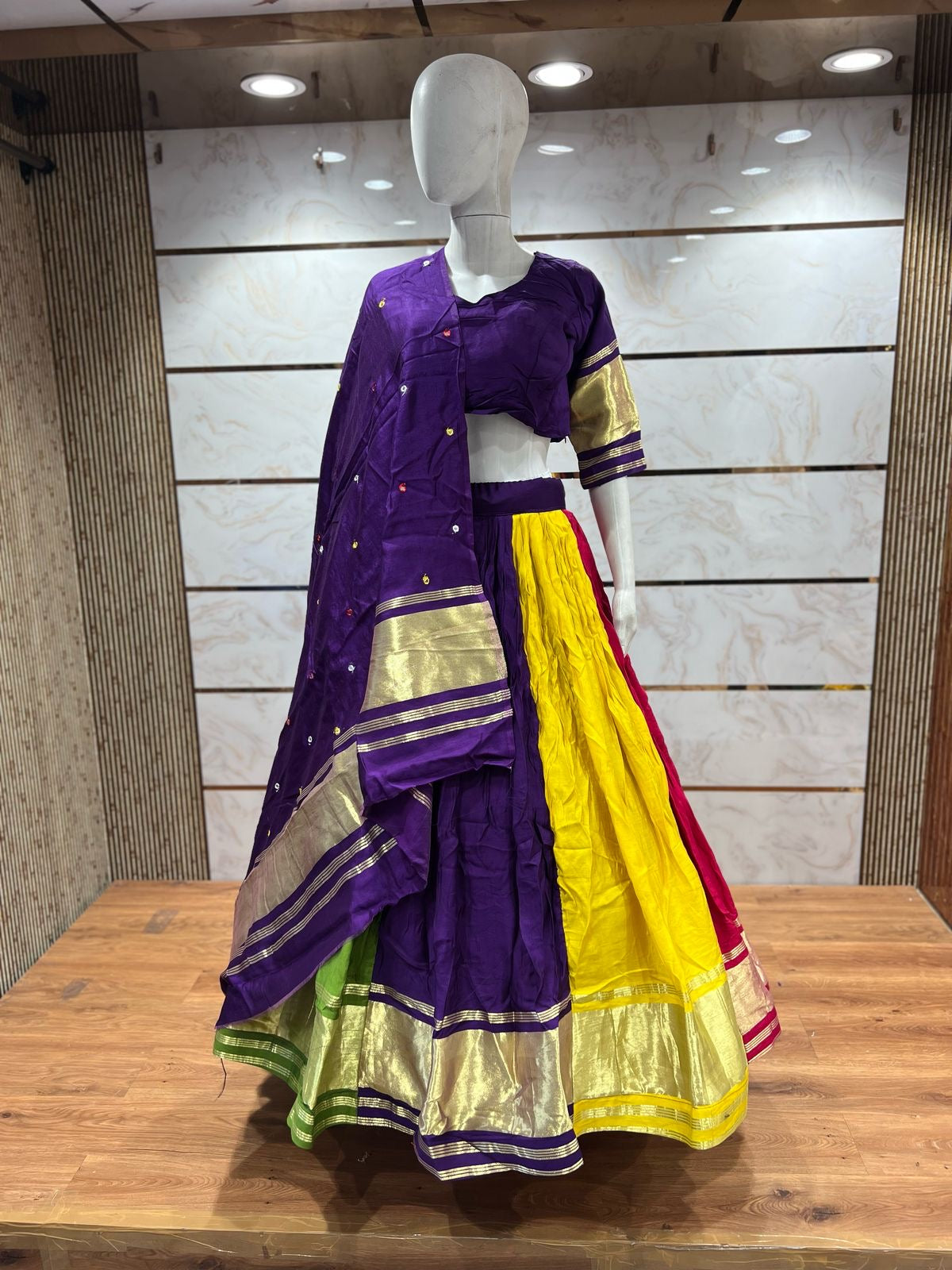 Premium Lagdi Patta Multi Dark Chaniya Choli Set (Semi Gajji, 8 Mtr Flair, Mirror Dupatta)