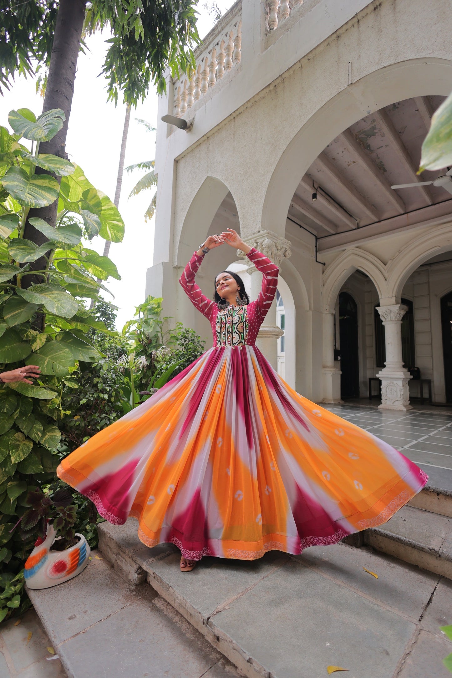 Navratri 2025 Bandhej Print Gown with Gamthi Embroidery & Mirror Work ā 3 Colors