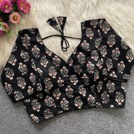 Ajrakh Cotton Galaxy V-Neck Blouse – Back Hook | Padded | Sizes 38-42