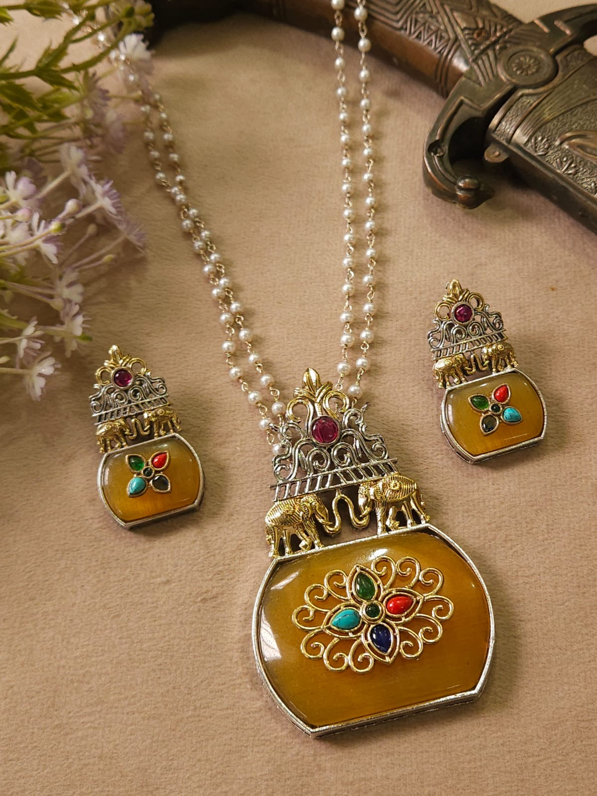 Premium Dual Tone Pearl Mala with Elephant Pendant Set