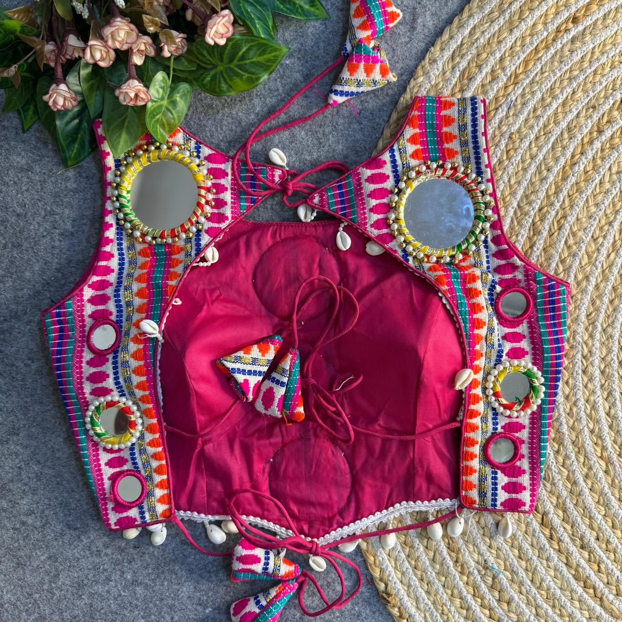 Navratri Special Real Mirror & Shells Work Backless Blouse