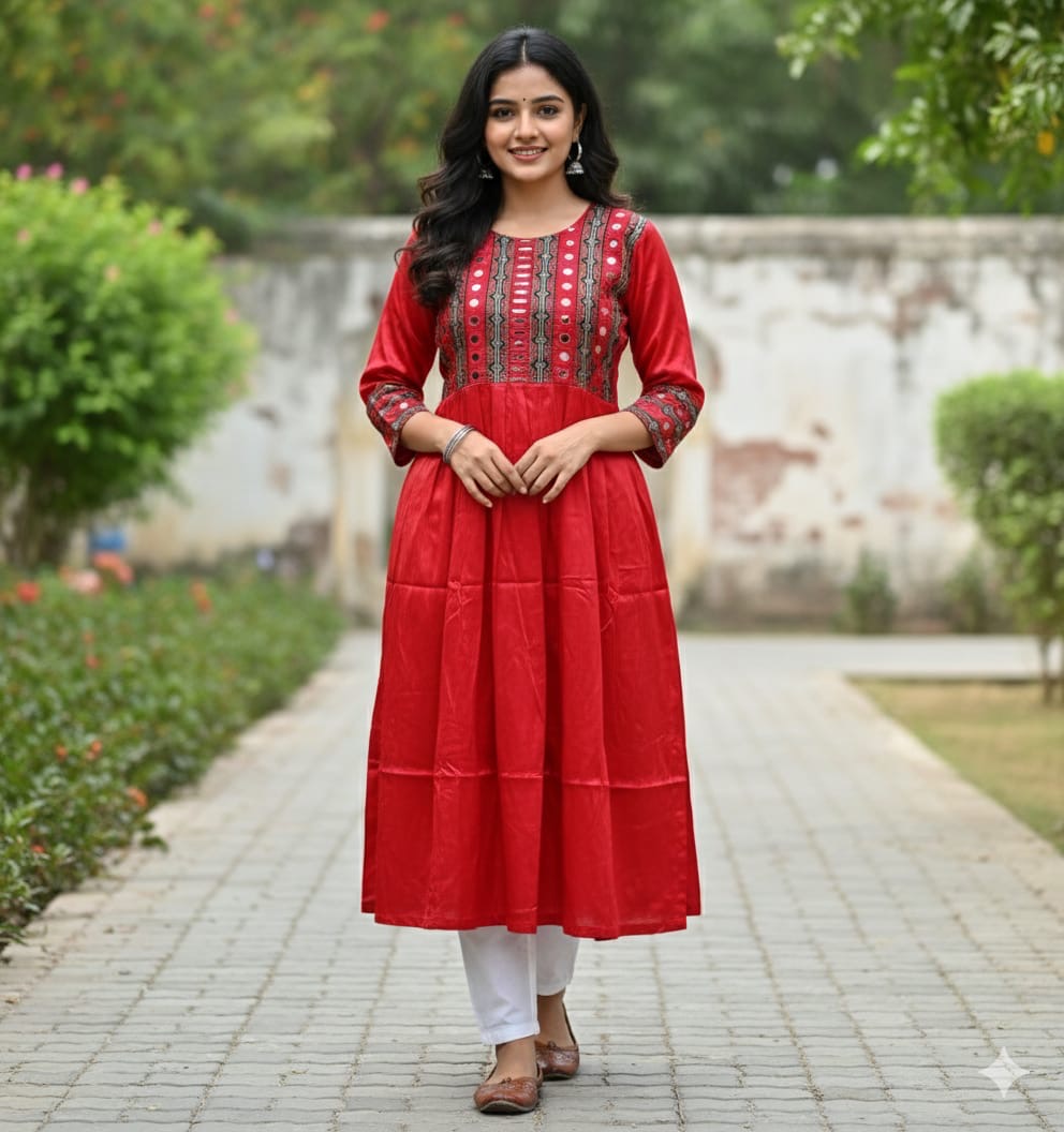 Pure Mushroo Silk Nyra Cut Kurti with Hand Mirror Work