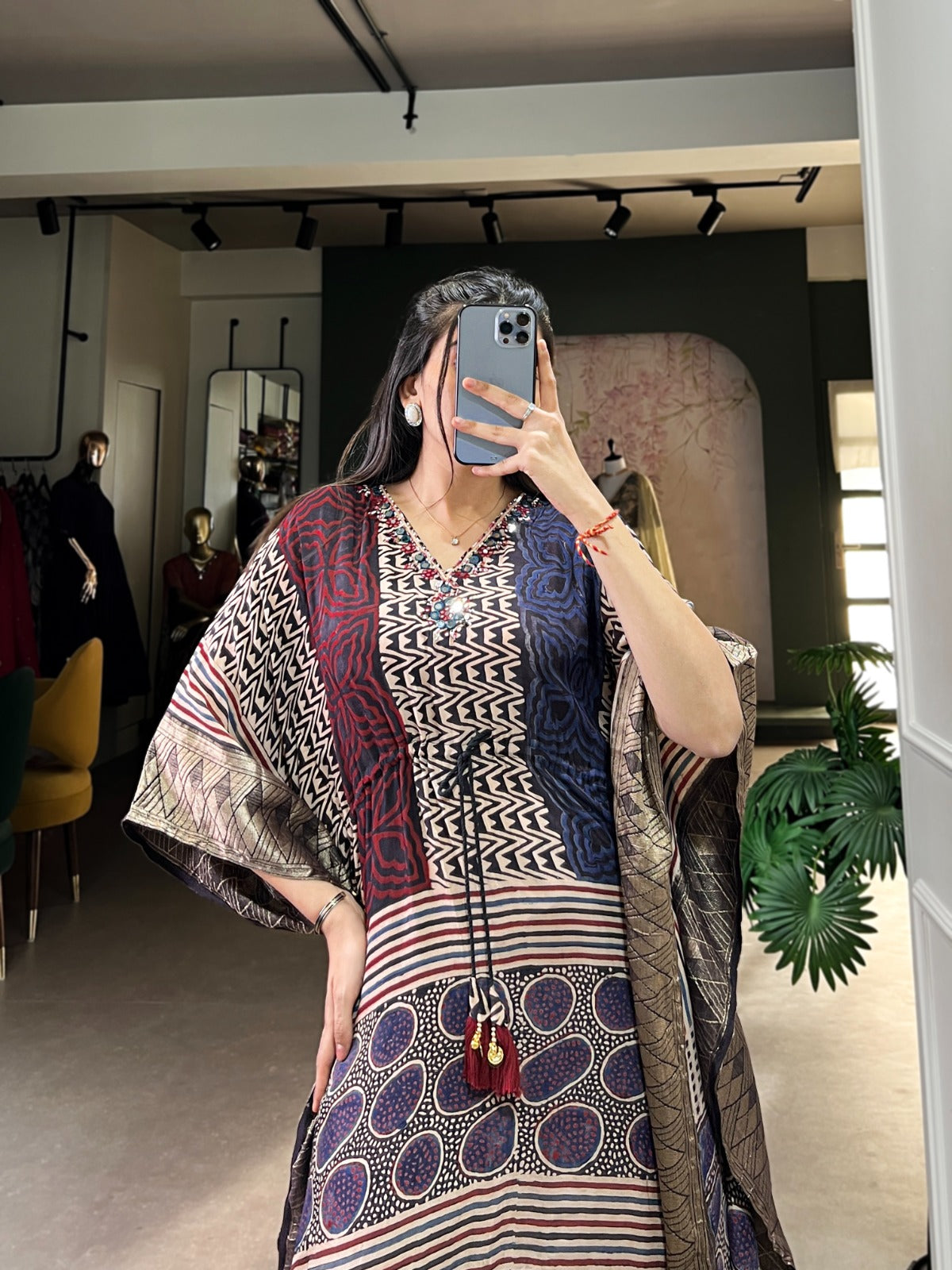 Premium Designer Viscose Kaftan – Festive Print with Golden Jhari Detailing