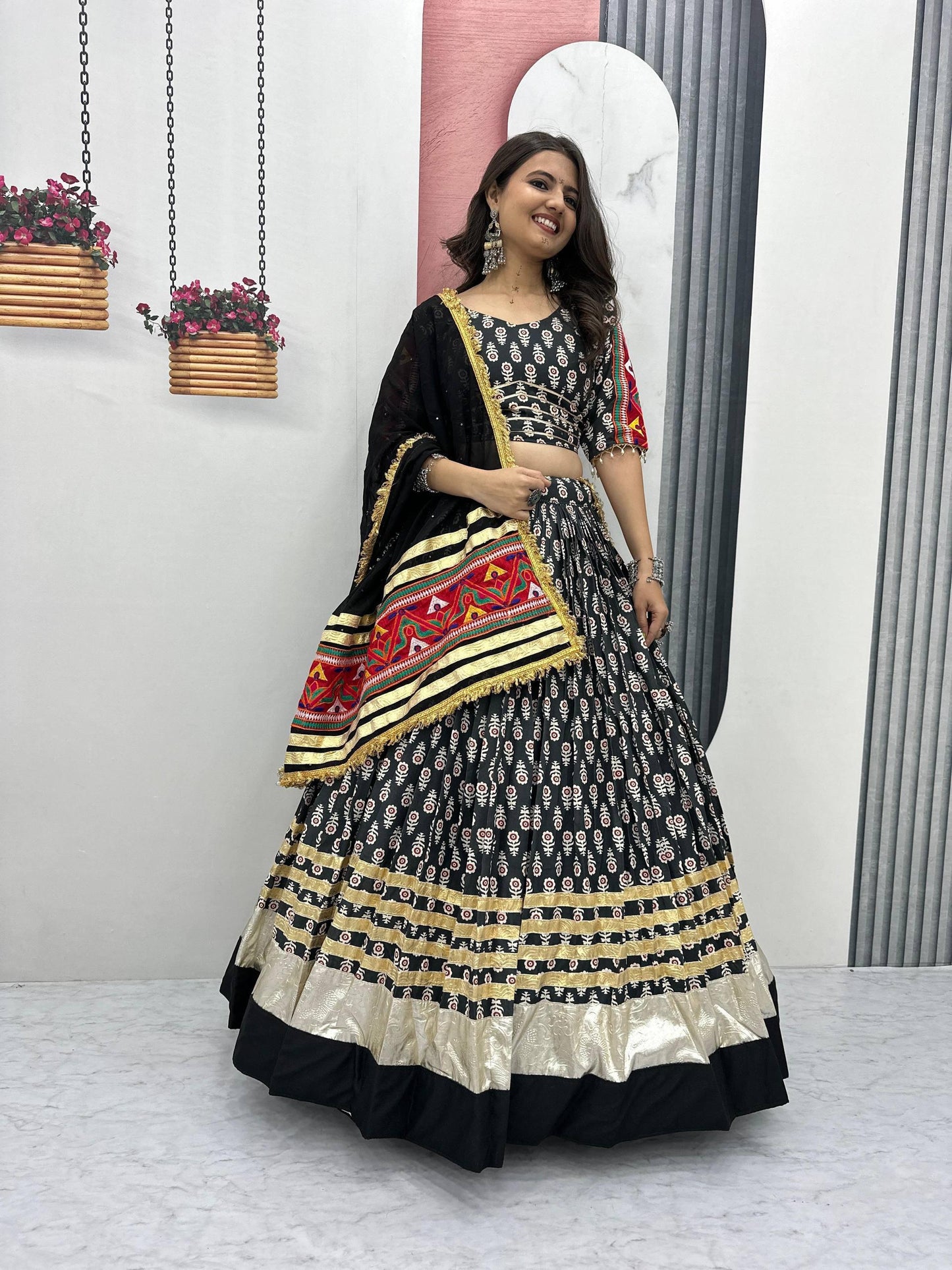 Navratri Special Lehenga Choli Set with 6 Meter Flair & Dupatta | Gamathi Work & Lumpi Lace Border