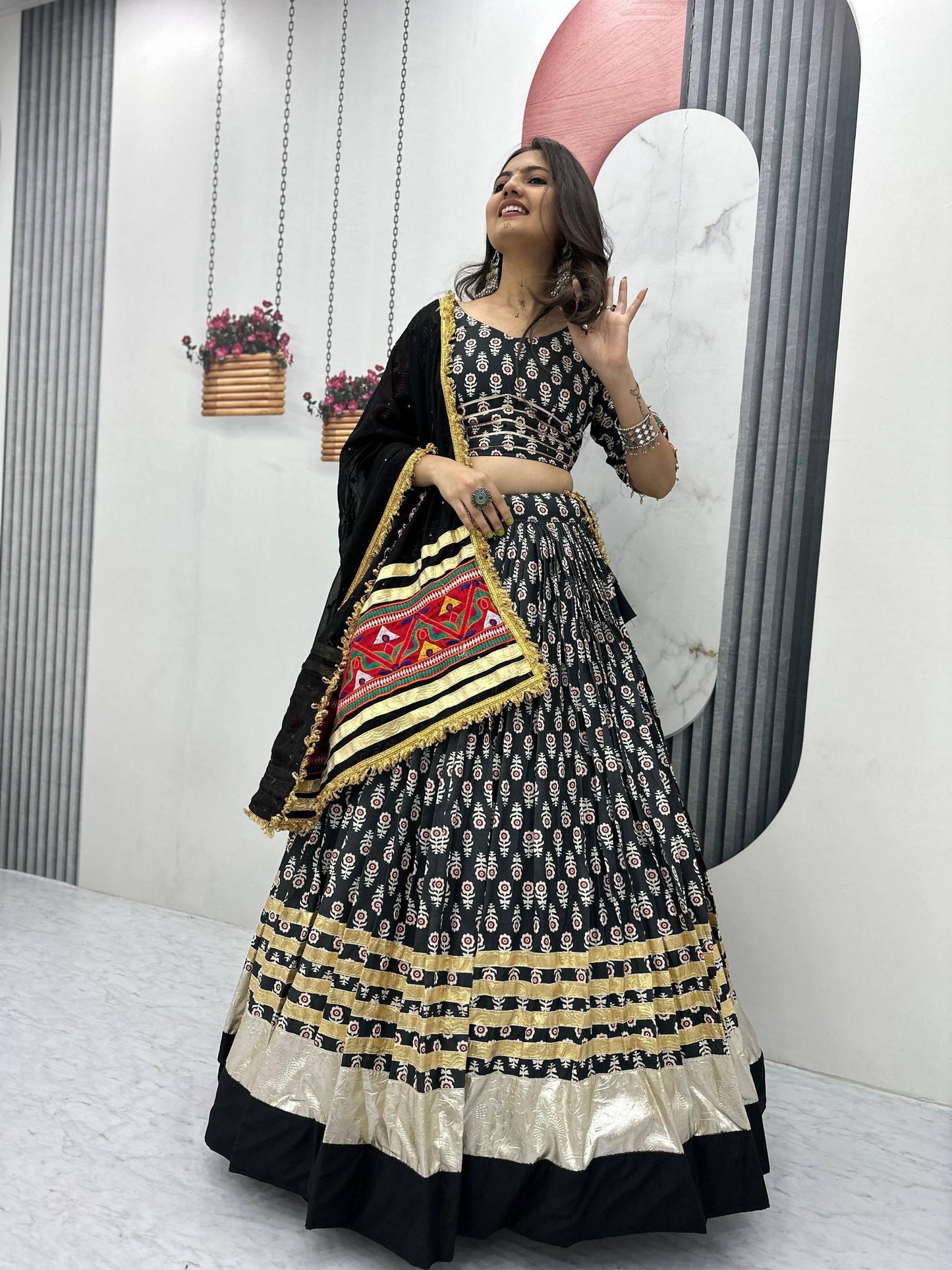 Navratri Special Lehenga Choli Set with 6 Meter Flair & Dupatta | Gamathi Work & Lumpi Lace Border