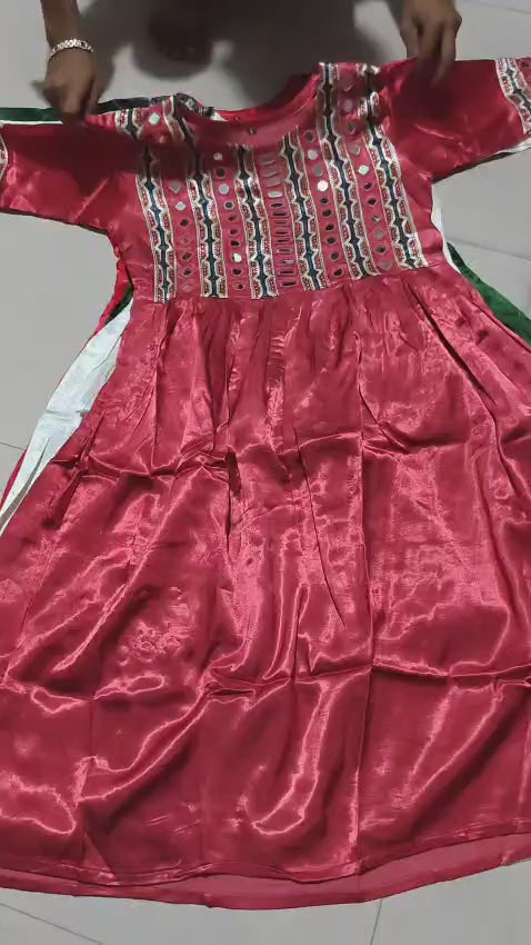 Pure Mushroo Silk Nyra Cut Kurti with Hand Mirror Work