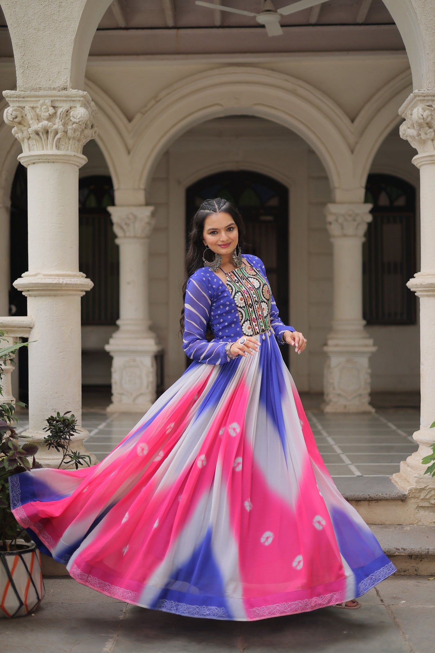 Navratri 2025 Bandhej Print Gown with Gamthi Embroidery & Mirror Work – 3 Colors