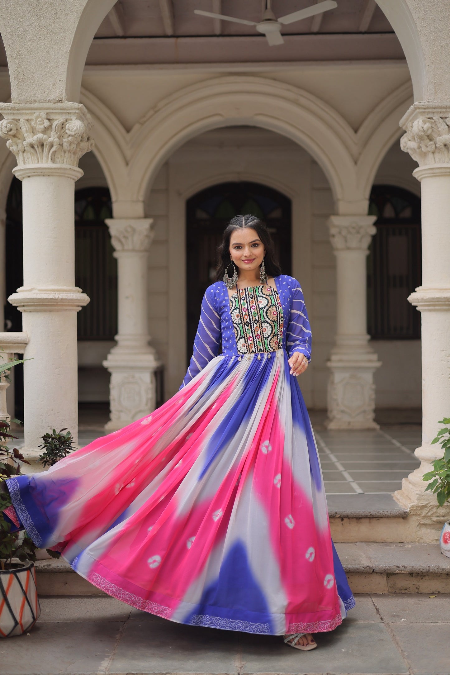 Navratri 2025 Bandhej Print Gown with Gamthi Embroidery & Mirror Work – 3 Colors