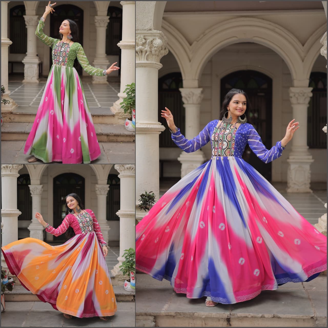Navratri 2025 Bandhej Print Gown with Gamthi Embroidery & Mirror Work – 3 Colors