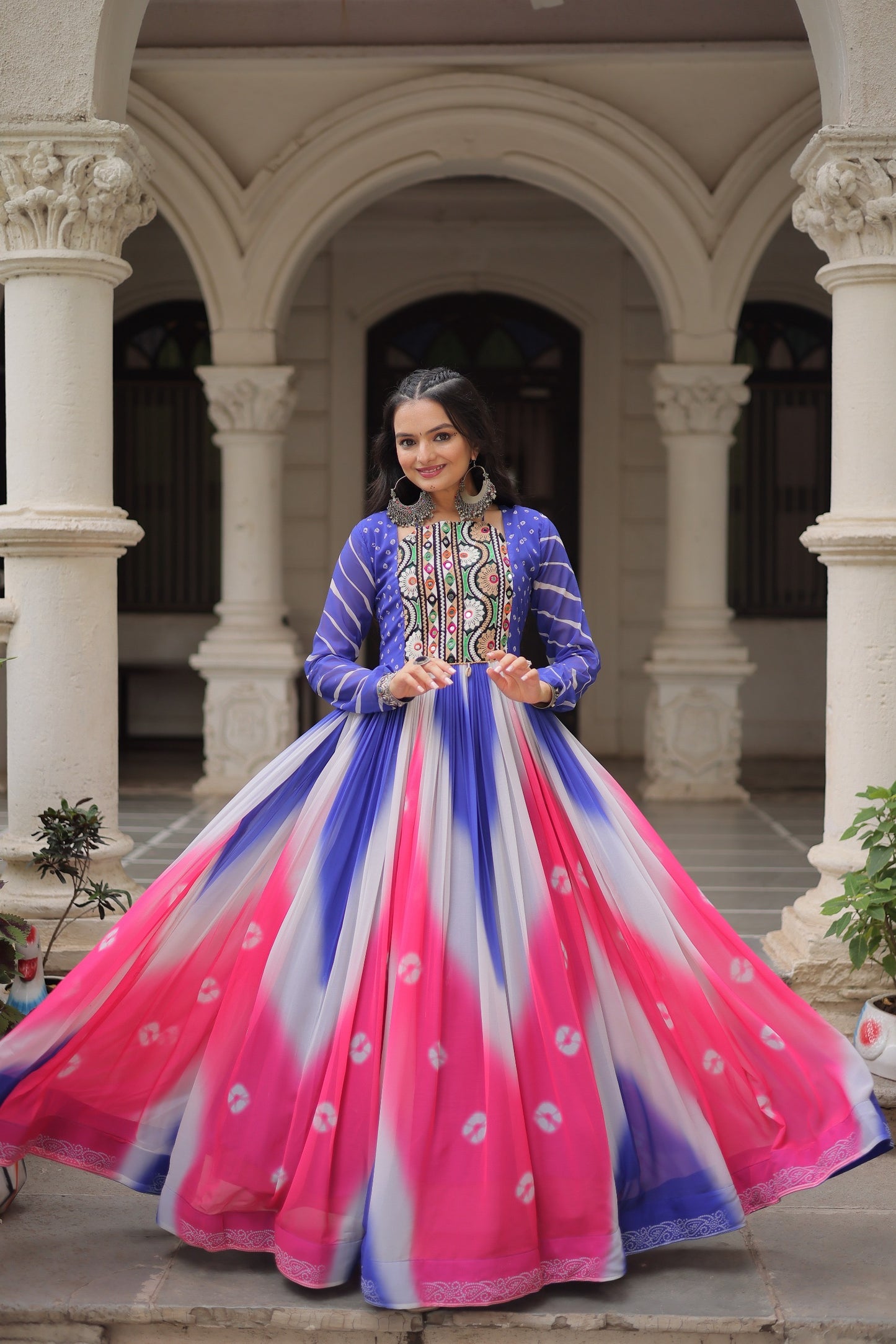 Navratri 2025 Bandhej Print Gown with Gamthi Embroidery & Mirror Work – 3 Colors