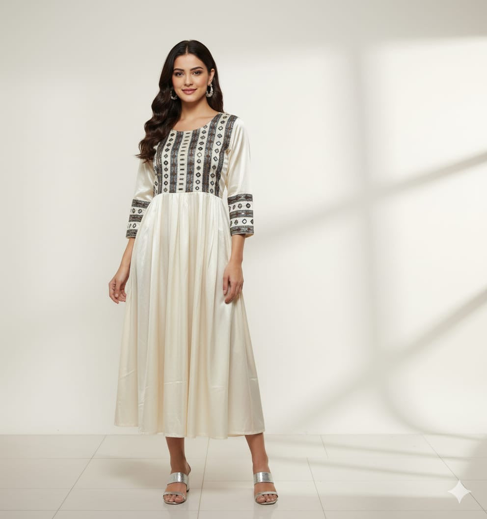 Pure Mushroo Silk Nyra Cut Kurti with Hand Mirror Work