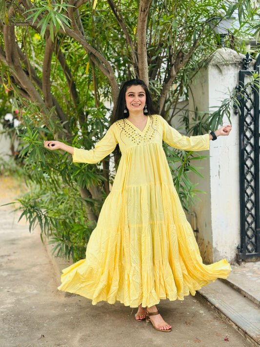 Rayon Layered One-Piece Dress with Hand Mirror Work | 20 Mtr Flair