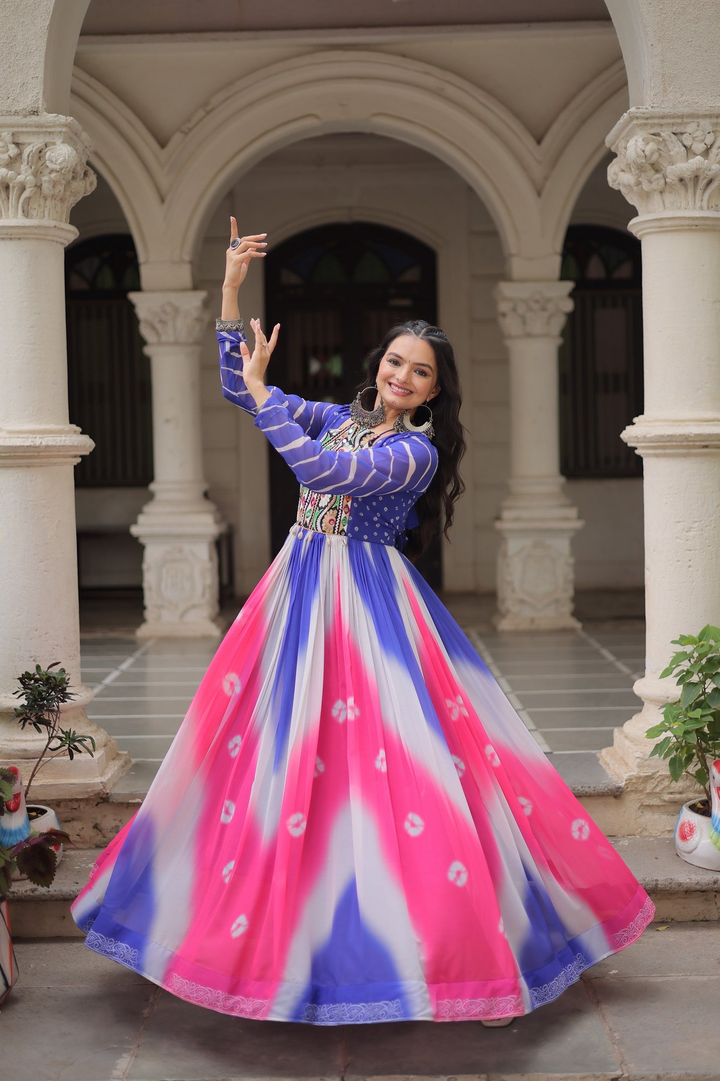 Navratri 2025 Bandhej Print Gown with Gamthi Embroidery & Mirror Work – 3 Colors