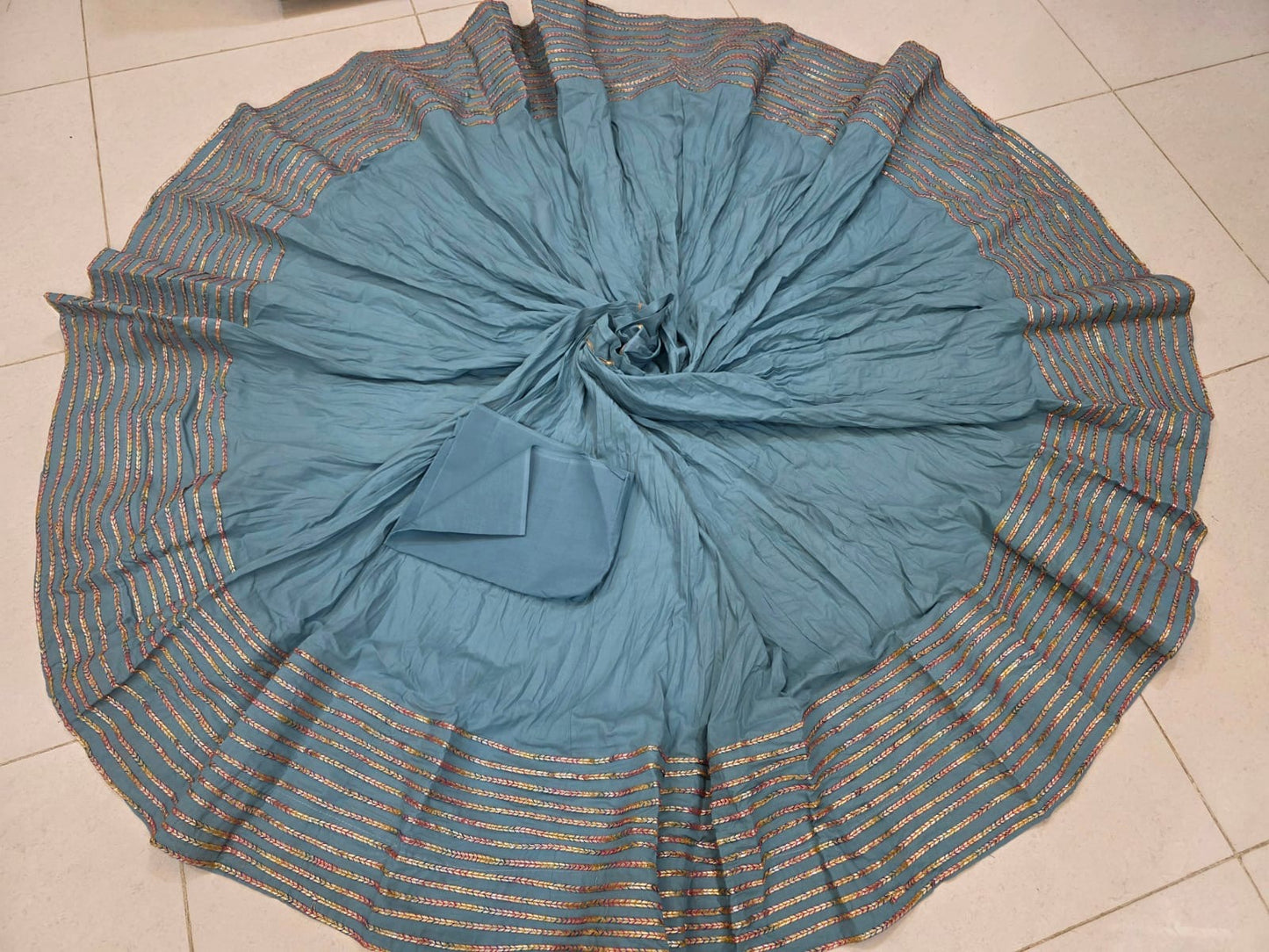 Jaipuri Full Gher Cotton Chaniya with 14 Multicolor Lace Borders & Blouse Piece