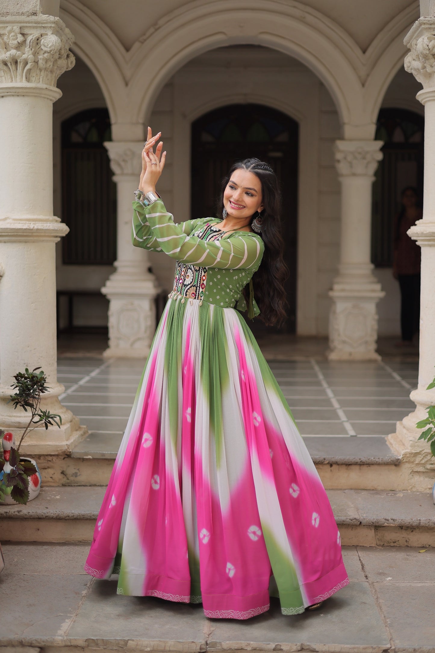 Navratri 2025 Bandhej Print Gown with Gamthi Embroidery & Mirror Work – 3 Colors